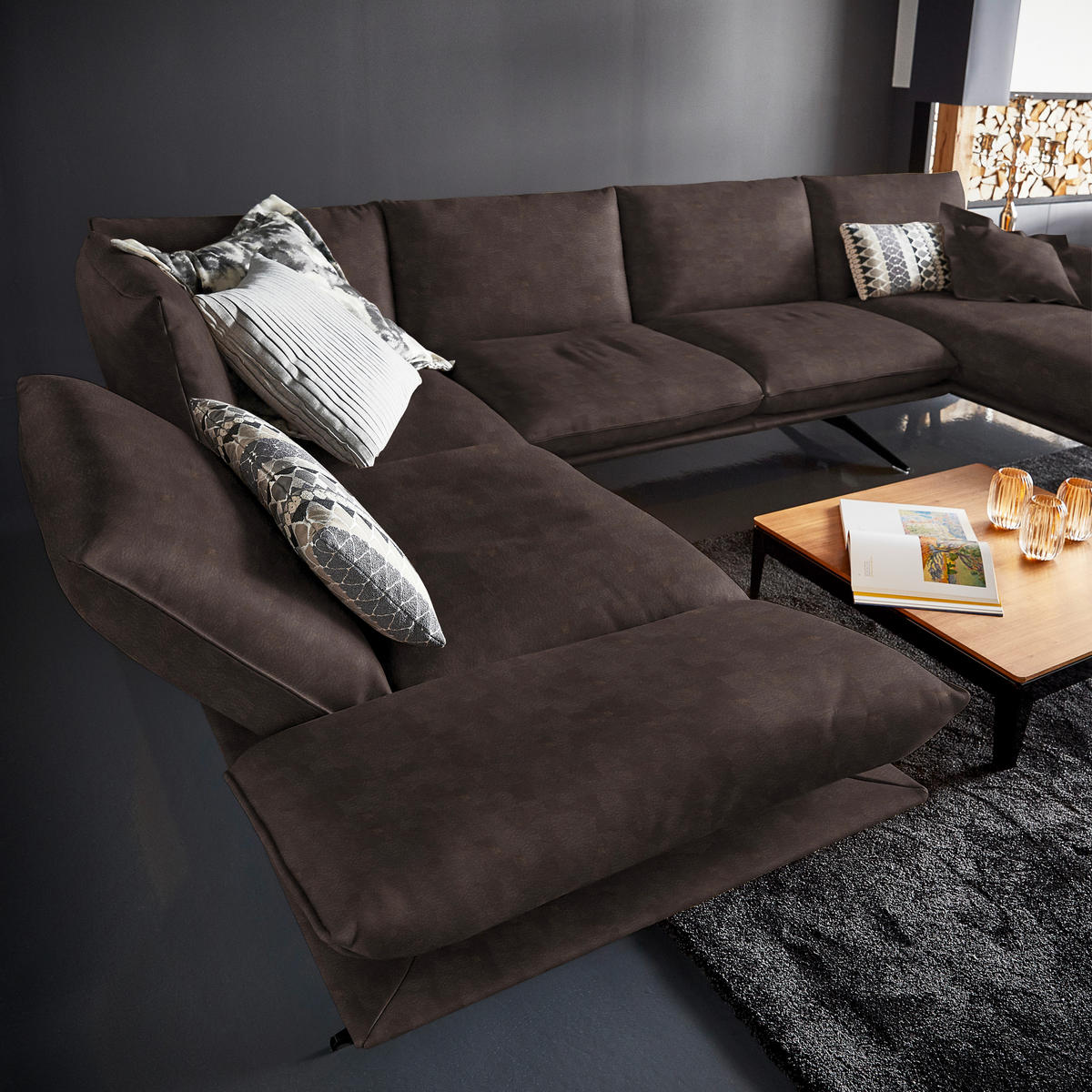 WOHNLANDSCHAFT  in Echtleder Braun  - Schwarz/Braun, Natur, Leder/Metall (217/359/155cm) - Dieter Knoll