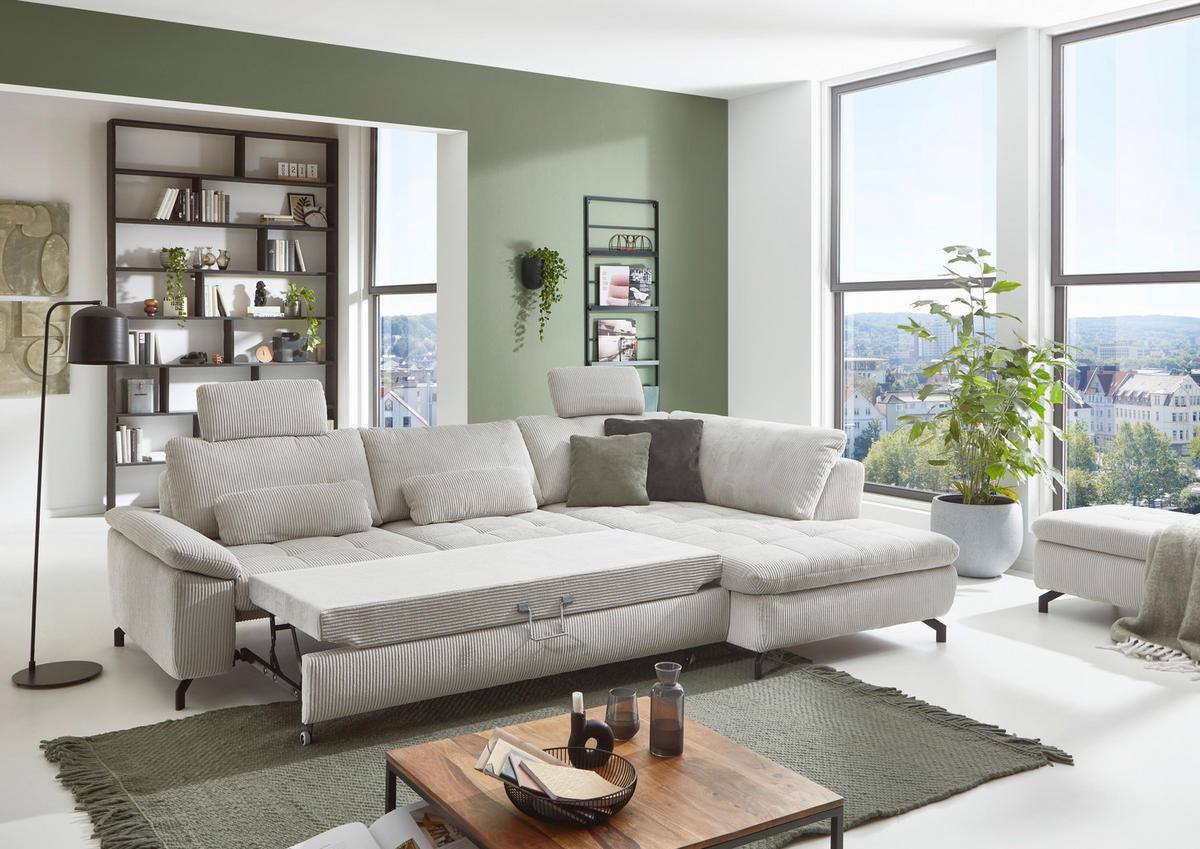 ECKSOFA in Cord, Velours Ecru  - Ecru/Schwarz, Design, Textil/Metall (291/197cm) - Beldomo Style