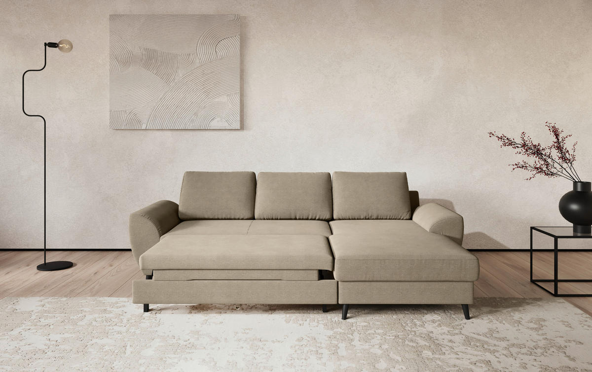 ECKSOFA Cord Hellbraun  - Hellbraun/Schwarz, Trend, Textil/Metall (255/154cm) - MID.YOU