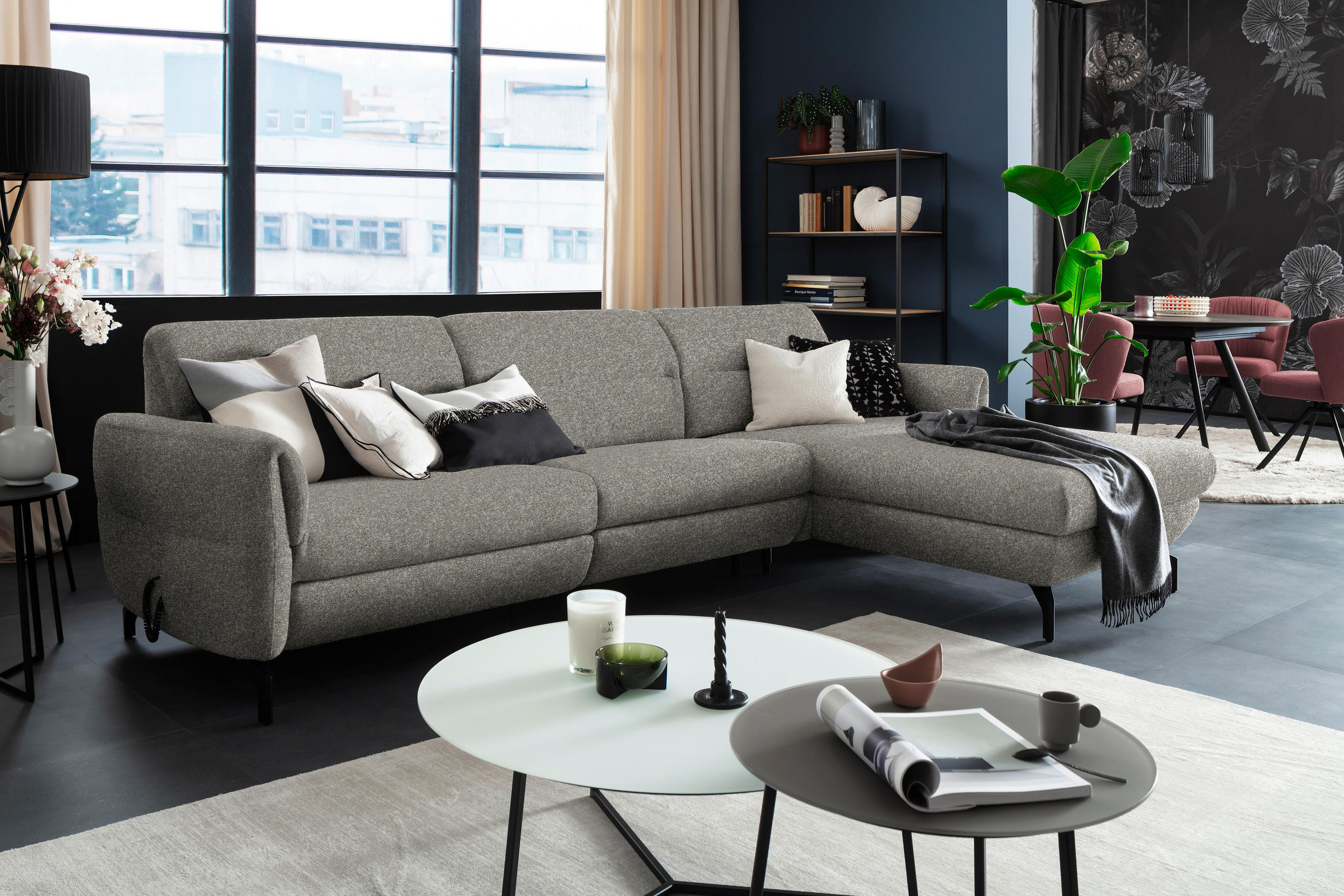 Thumbnail - Schöner Wohnen Ecksofa, Greige, Textil, 3-Sitzer, Ottomane rechts, L-Form, 299x187 cm, Goldenes M, Fußauswahl, Lederausw...