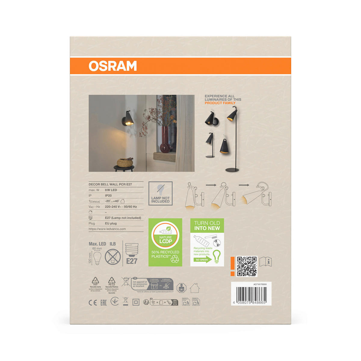 WANDLEUCHTE 15,2/21 cm   - Schwarz, Basics, Kunststoff/Metall (15,2/21cm) - Osram