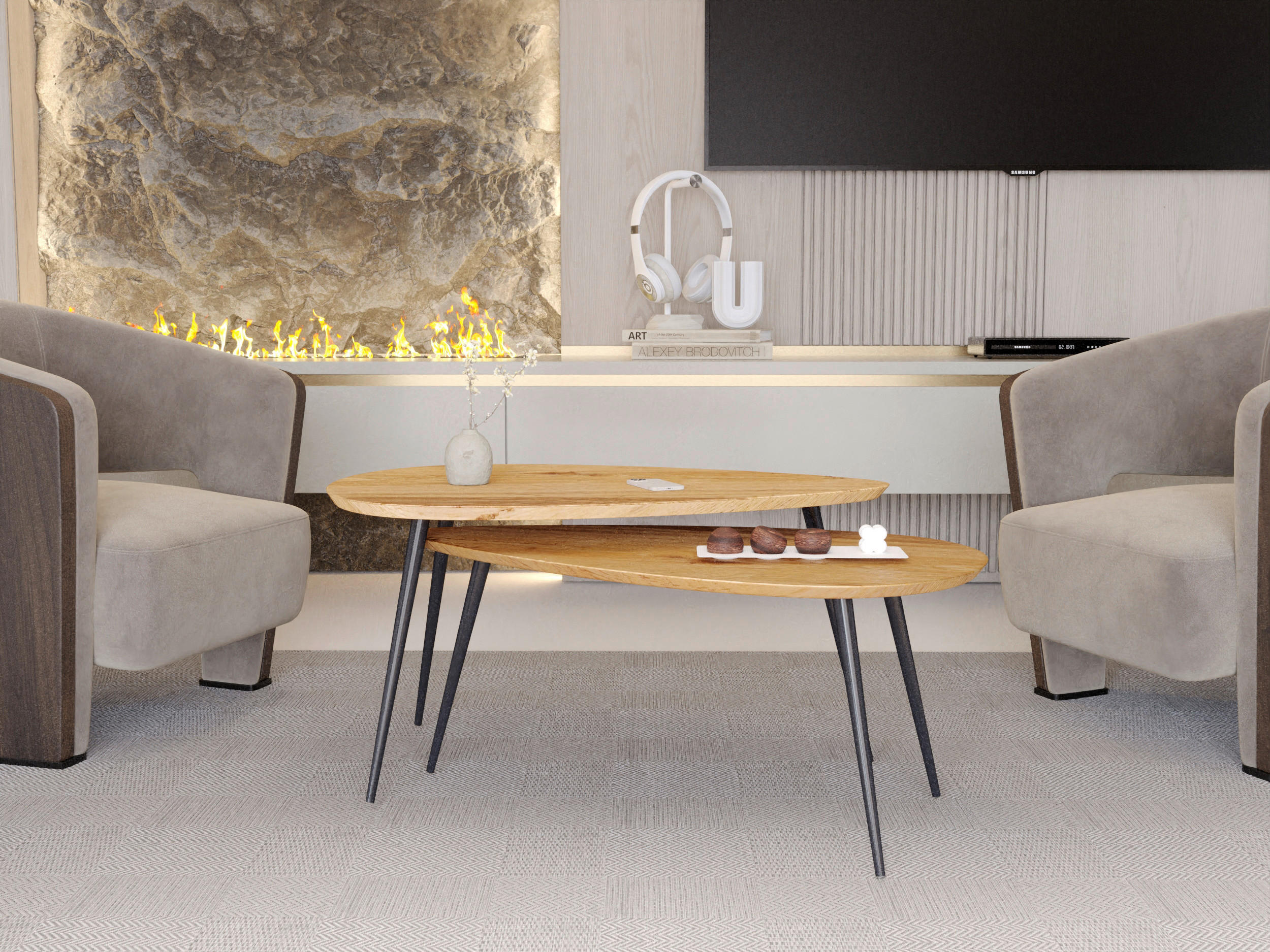 COUCHTISCHSET Wildeiche massiv 90/60/48 cm Freiform Schwarz, Wildeiche  - Wildeiche/Schwarz, Trend, Holz/Metall (90/60/48cm) - Boxxx