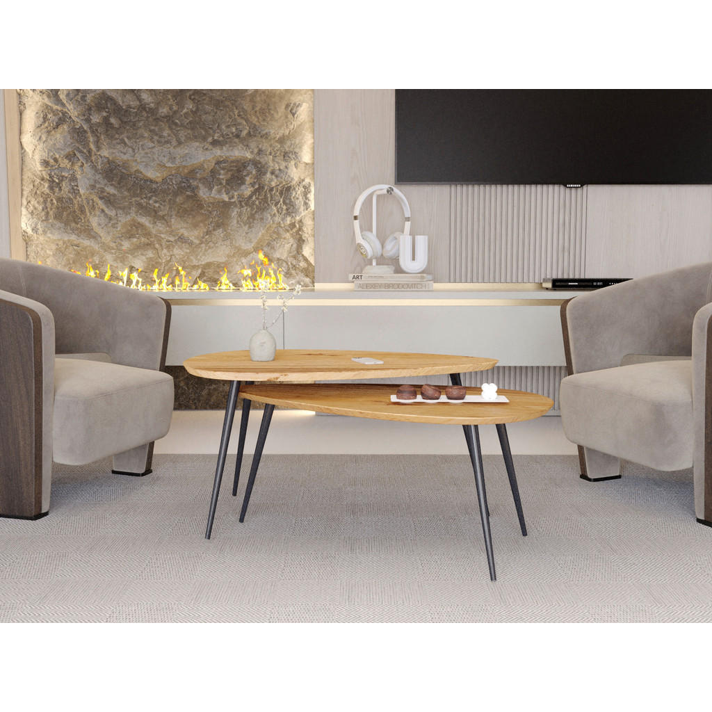 Thumbnail - Boxxx Couchtischset, Schwarz, Wildeiche, Holz, Metall, 2-teilig, Wildeiche, massiv, Freiform, rund, 60x48x90 cm, Wohnzim...