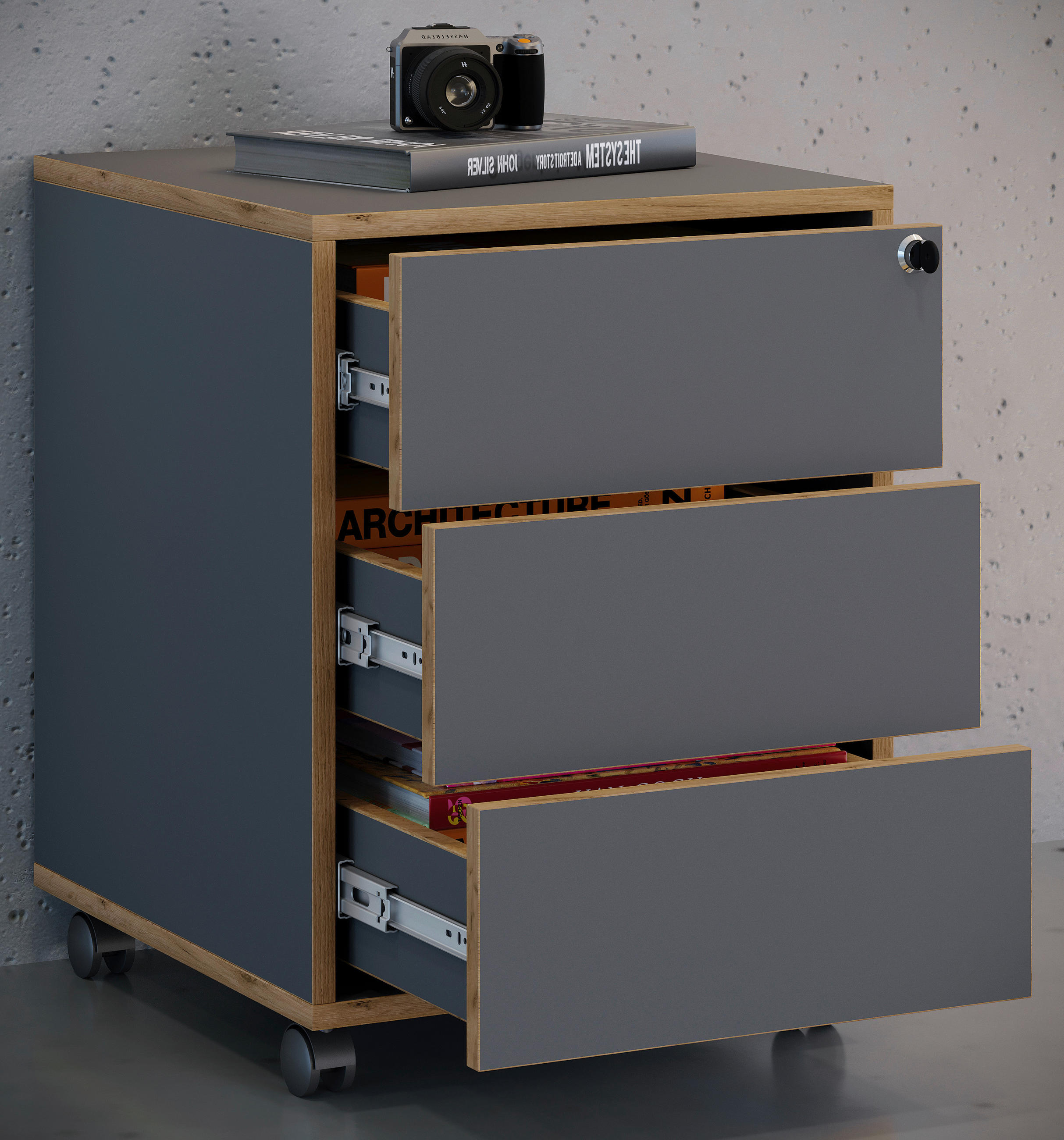 ROLLCONTAINER  - Honigeiche/Anthrazit, Design, Holzwerkstoff/Kunststoff (42/50/45cm) - MID.YOU