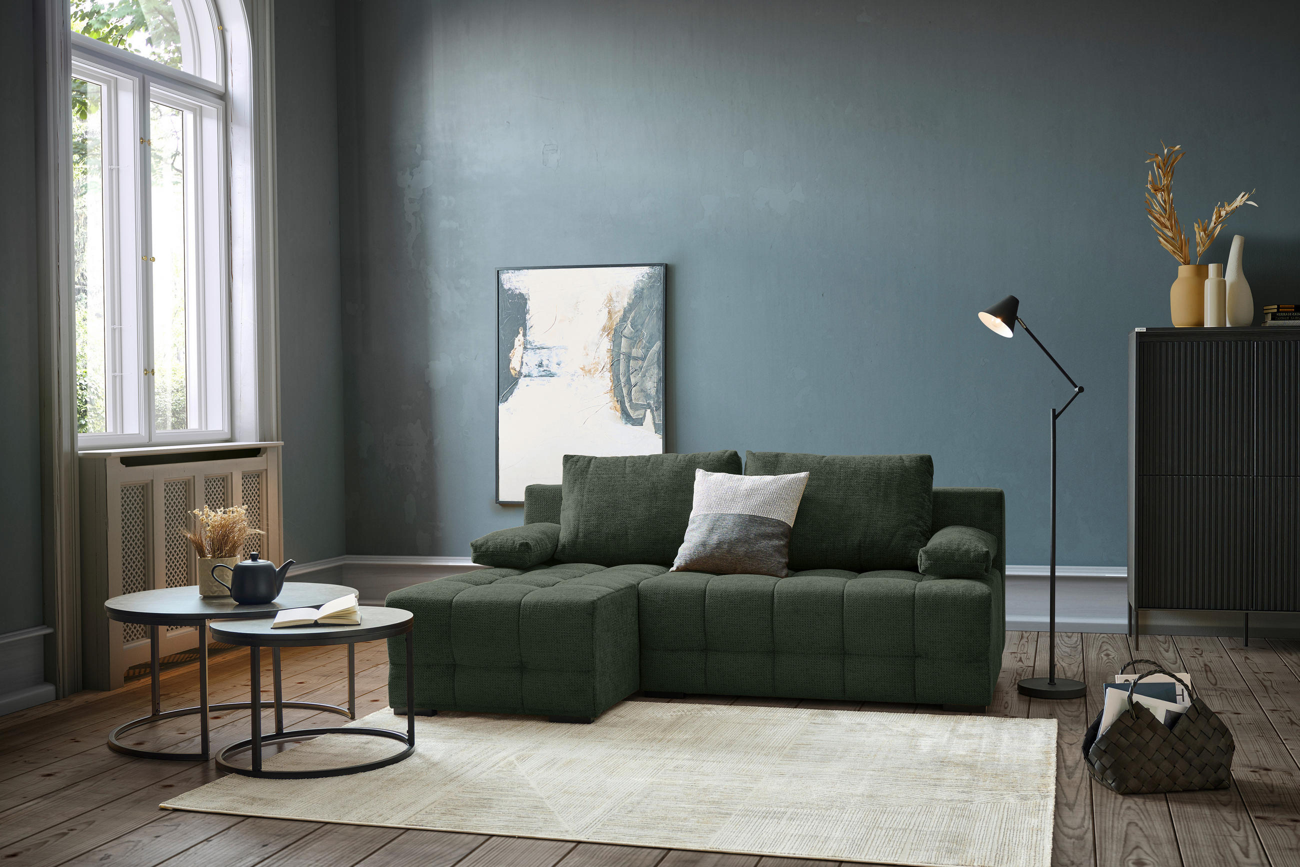 ECKSOFA in Chenille Dunkelgrün  - Dunkelgrün/Schwarz, MODERN, Kunststoff/Textil (145/204cm) - home24