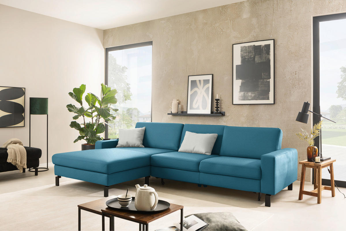ECKSOFA  in Cord Petrol Rücken echt, Sitztiefenverstellung  185/298 cm  - Petrol/Schwarz, Design, Textil/Metall (185/298cm) - Pure Home Lifestyle