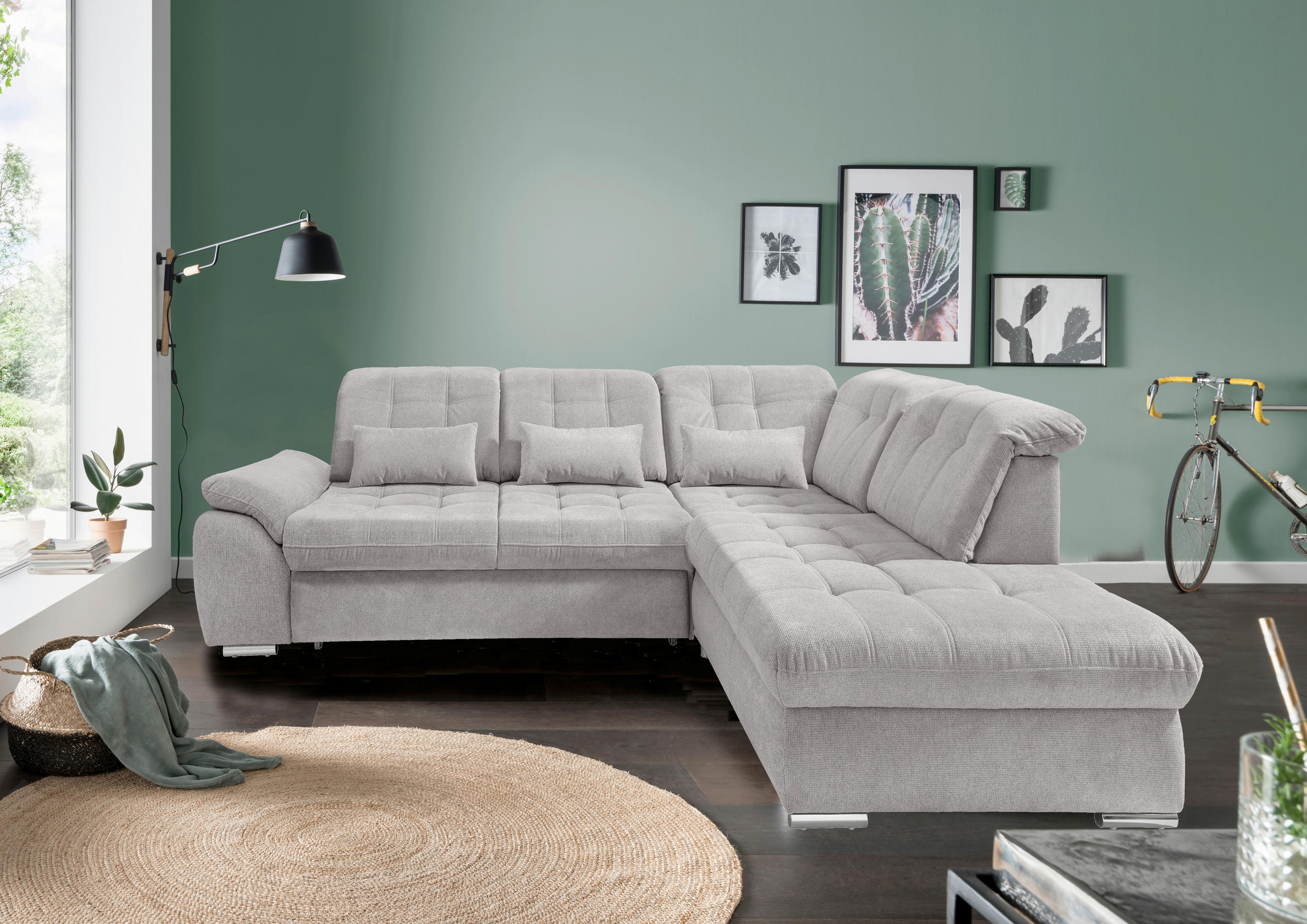 ECKSOFA RIGATTI Grau Flachgewebe Kopfteilverstellung, Stauraum, Sitztiefenverstellung  - Chromfarben/Grau, MODERN, Textil/Metall (308/254cm) - Livetastic