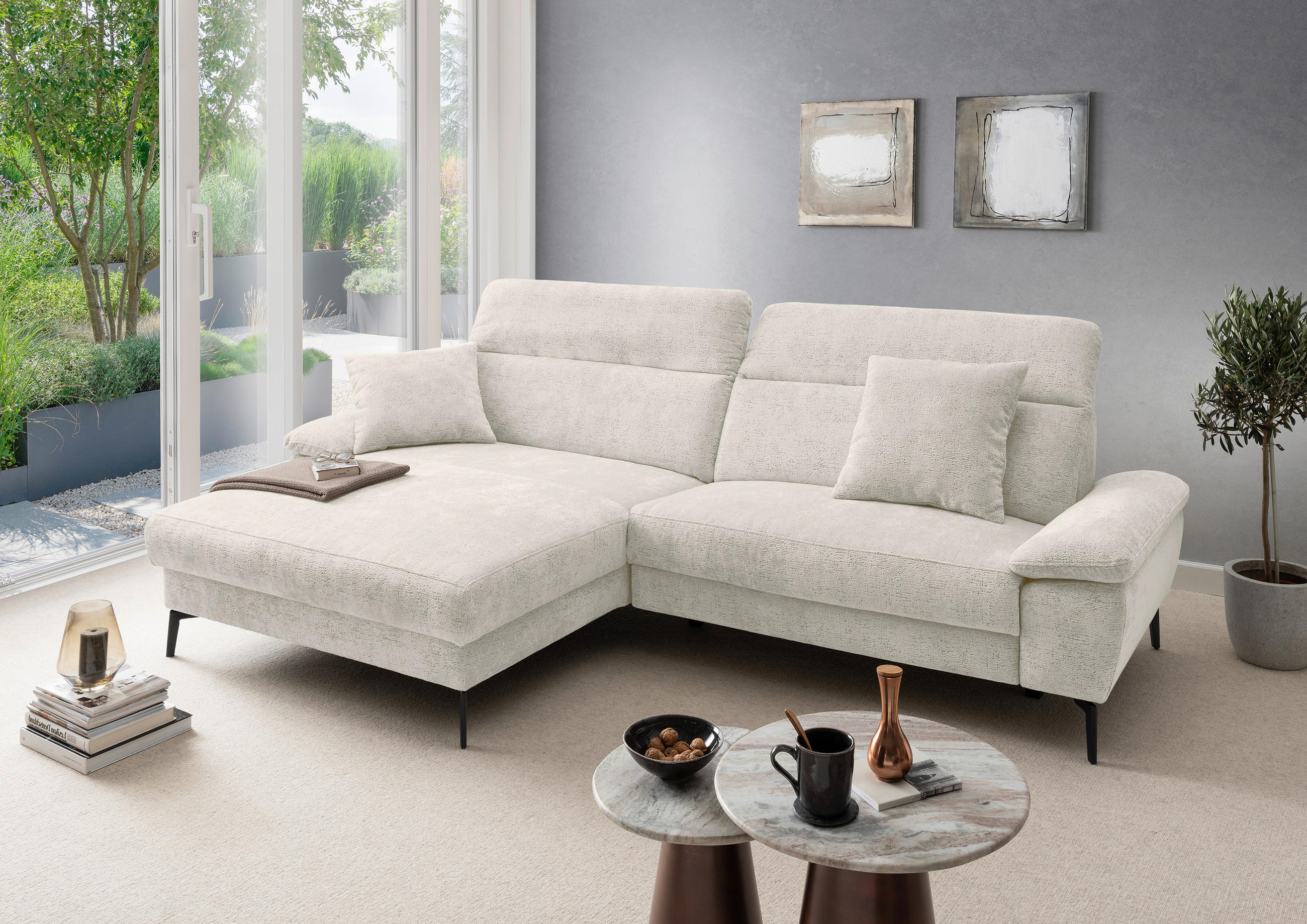 ECKSOFA CANCELLI in Chenille Creme  178/300 cm  - Creme/Schwarz, KONVENTIONELL, Textil/Metall (178/300cm) - Livetastic