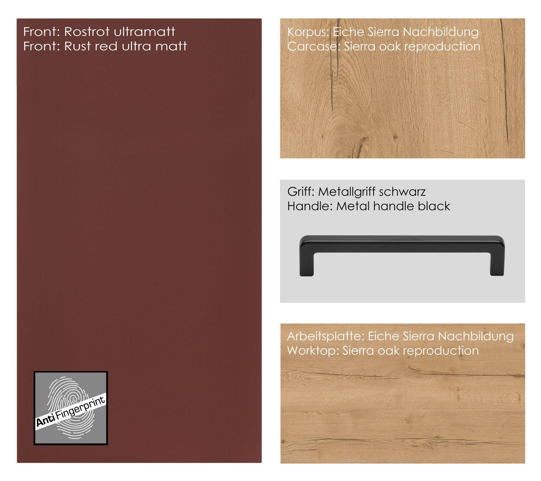 KÜCHENBLOCK 300 cm   in Eichefarben, Dunkelrot  - Eichefarben/Schwarz, MODERN, Holzwerkstoff/Metall (300cm) - Nobilia