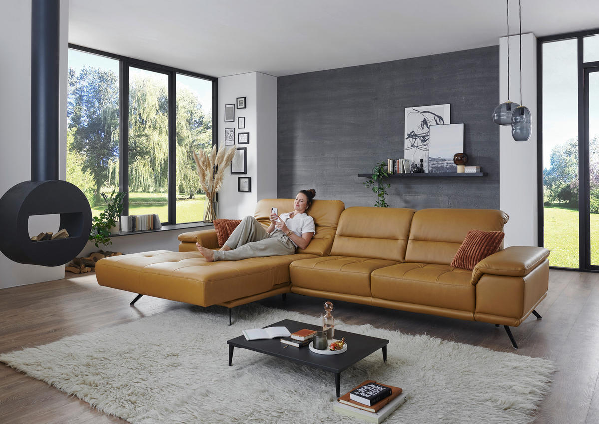ECKSOFA Echtleder Currygelb  - Currygelb/Schwarz, Konventionell, Leder/Metall (193/343cm) - Beldomo Premium