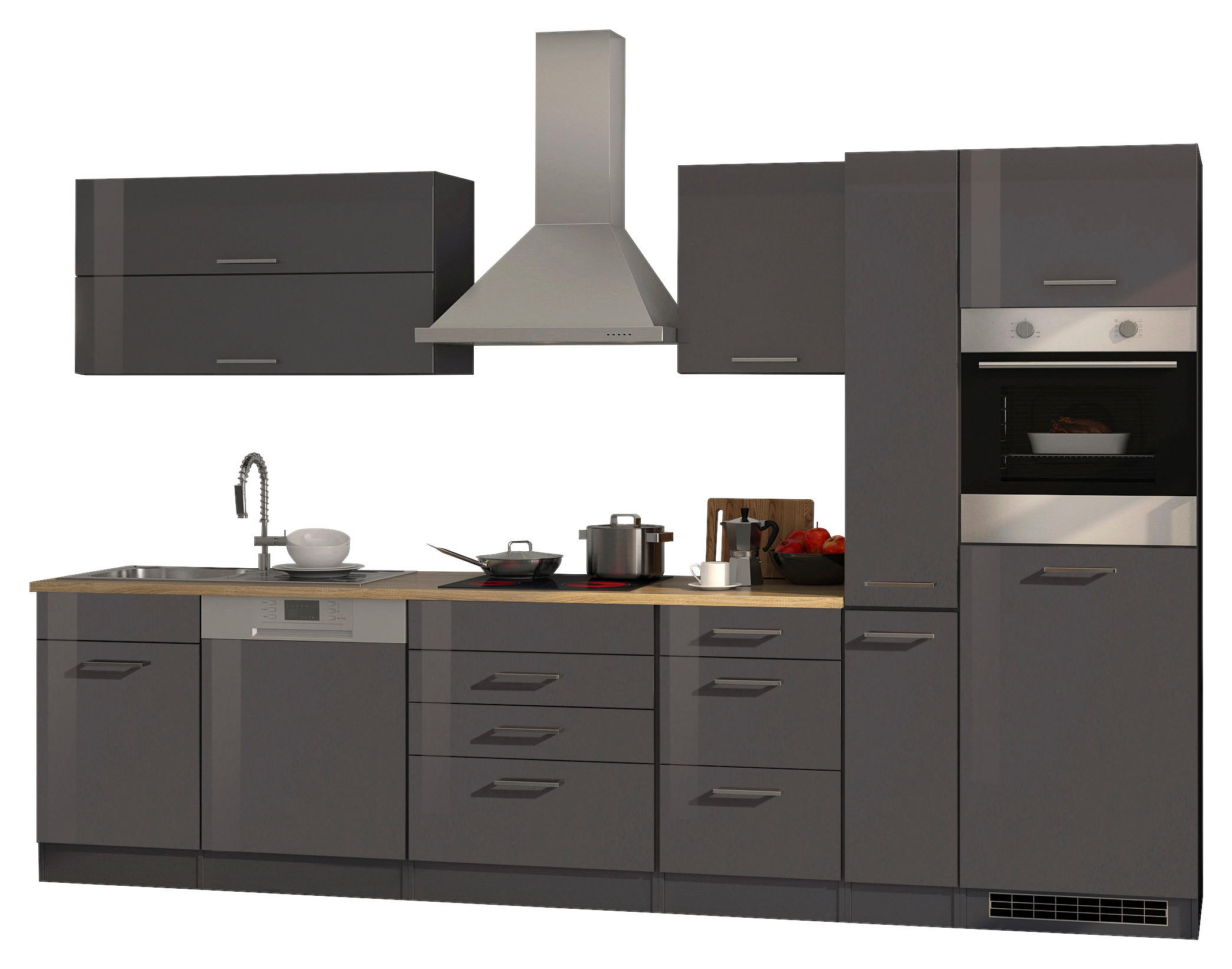 KÜCHENBLOCK 330 cm   in Graphitfarben  - Silberfarben/Graphitfarben, MODERN, Holzwerkstoff/Metall (330cm) - Held