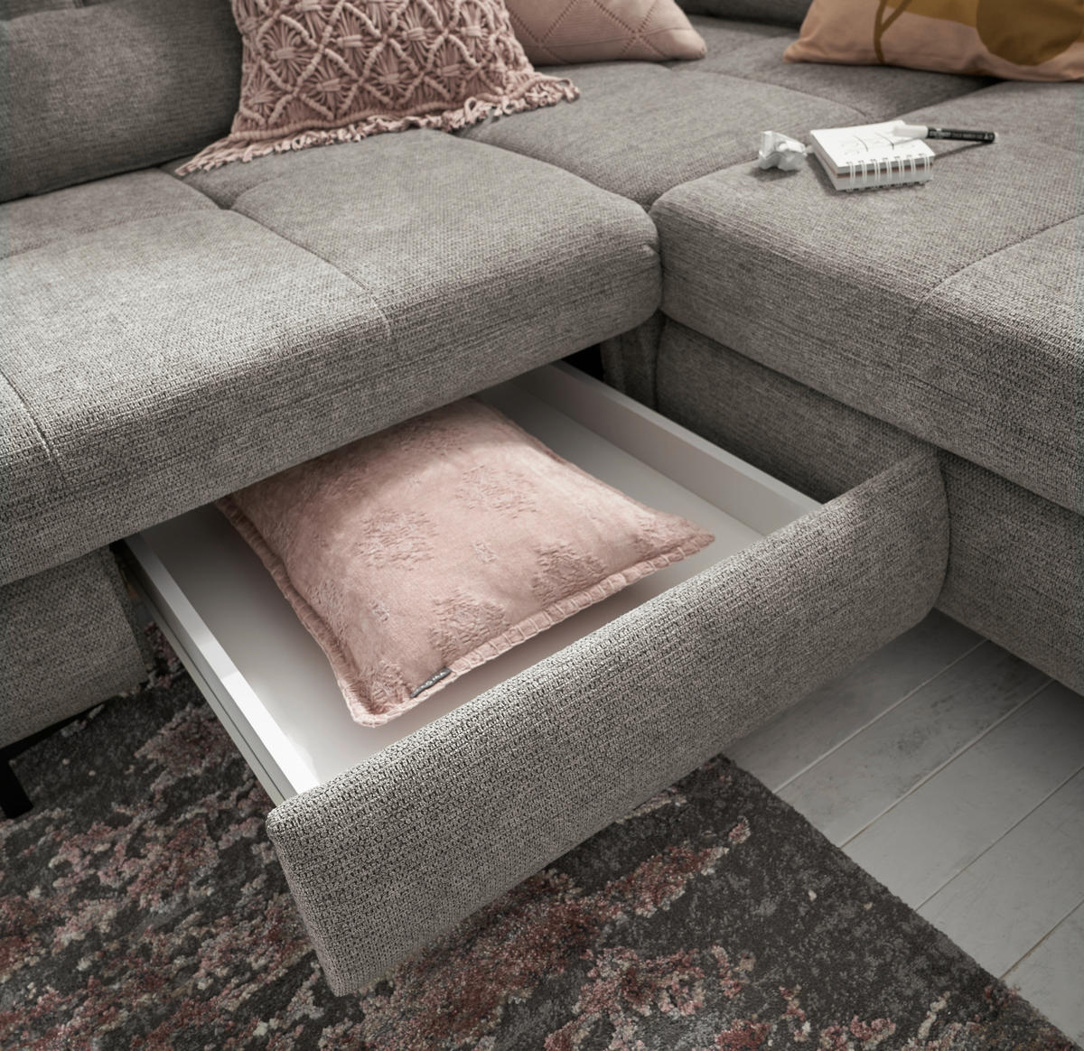 ECKSOFA Grau Webstoff  - Schwarz/Grau, KONVENTIONELL, Textil/Metall (220/314cm) - SetOne by Musterring