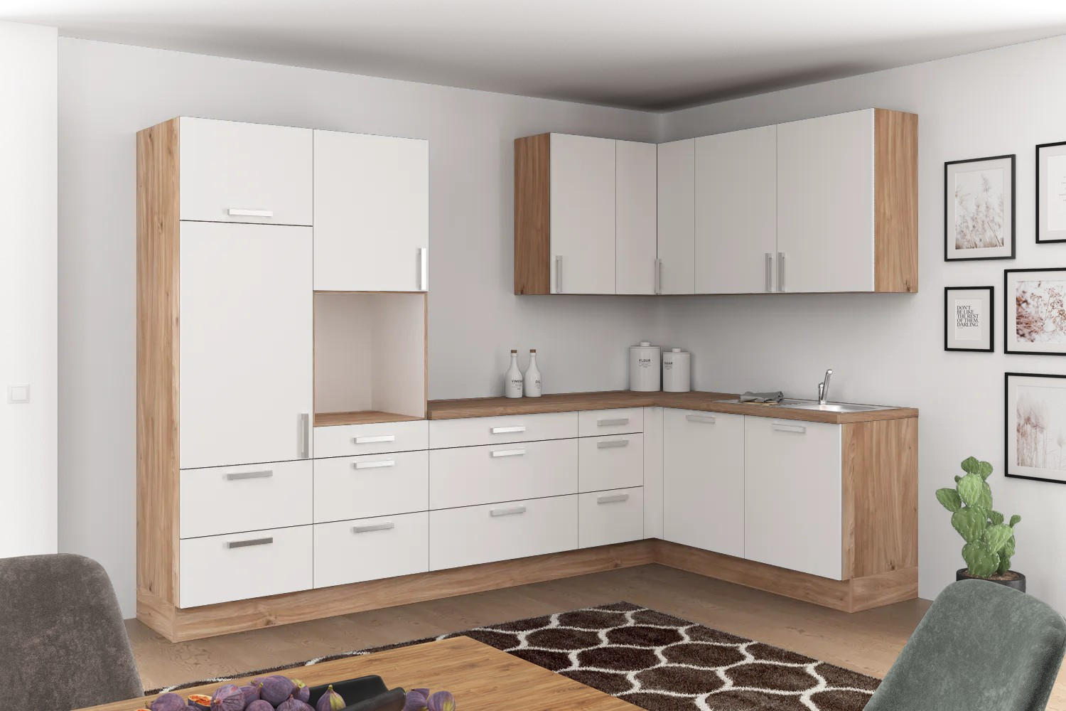 Eckküche Ip1200 ohne Geräte 320x185cm Hellgrau/Eiche Dekor