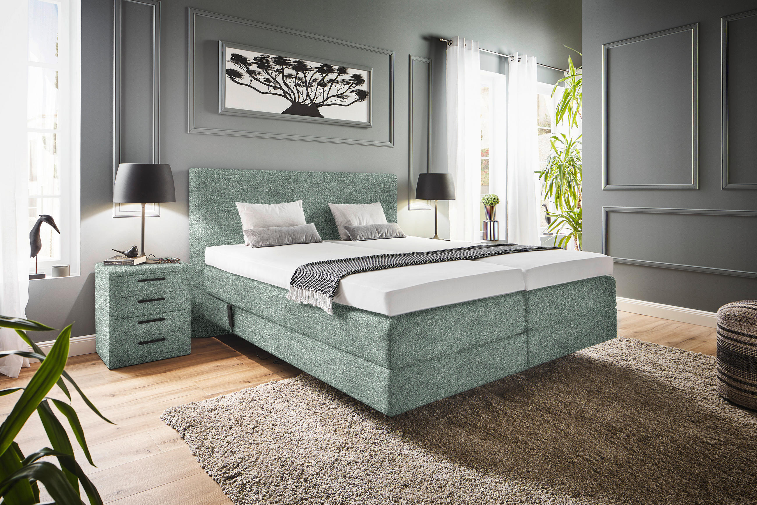 Thumbnail - Dieter Knoll Boxspringbett, Olivgrün, Textil, H2 + H3, Höhe ca. 20 cm, 180x200 cm, gepolstertes Kopfteil, Stoffauswahl, ...