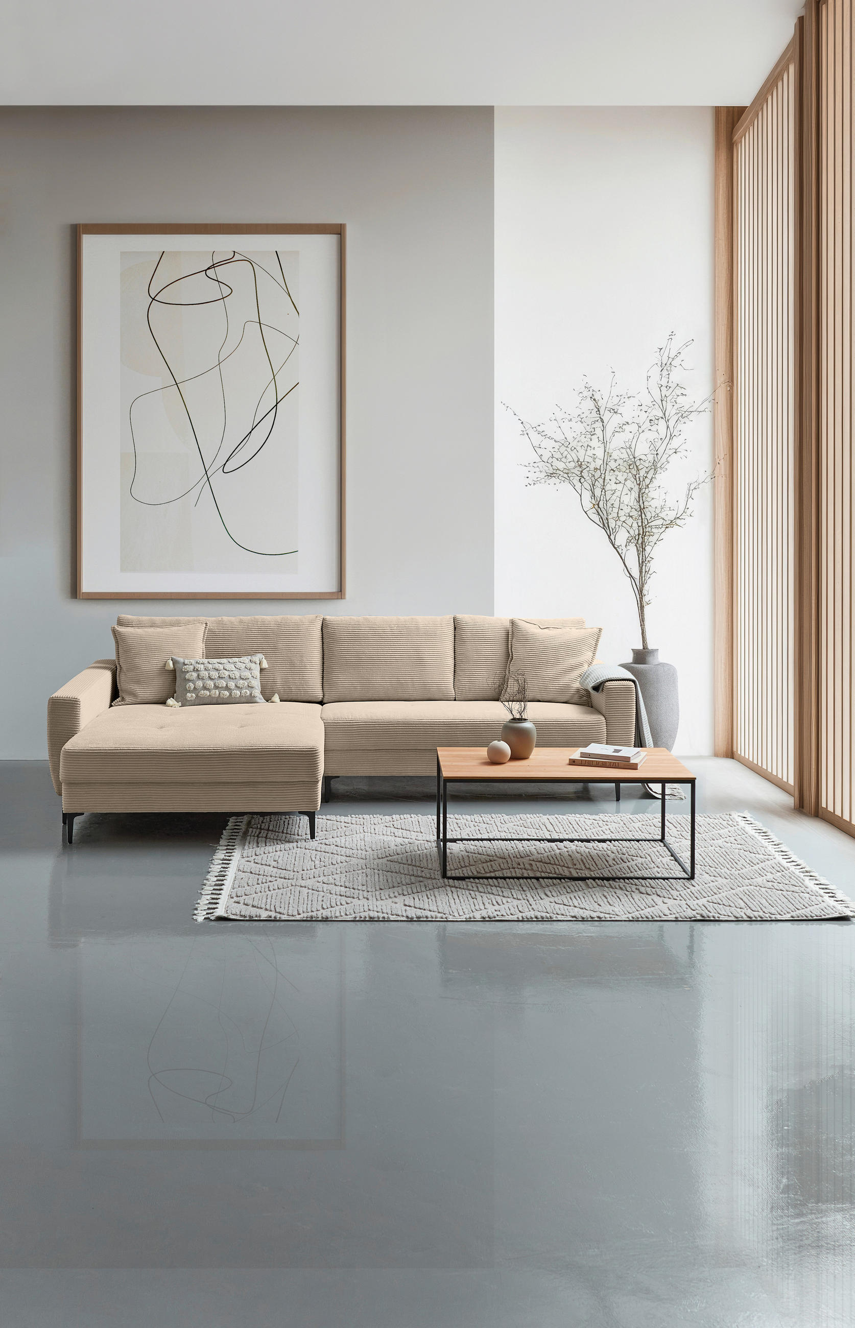 ECKSOFA Beige Cord  - Beige/Schwarz, Design, Textil/Metall (174/283cm) - Xora