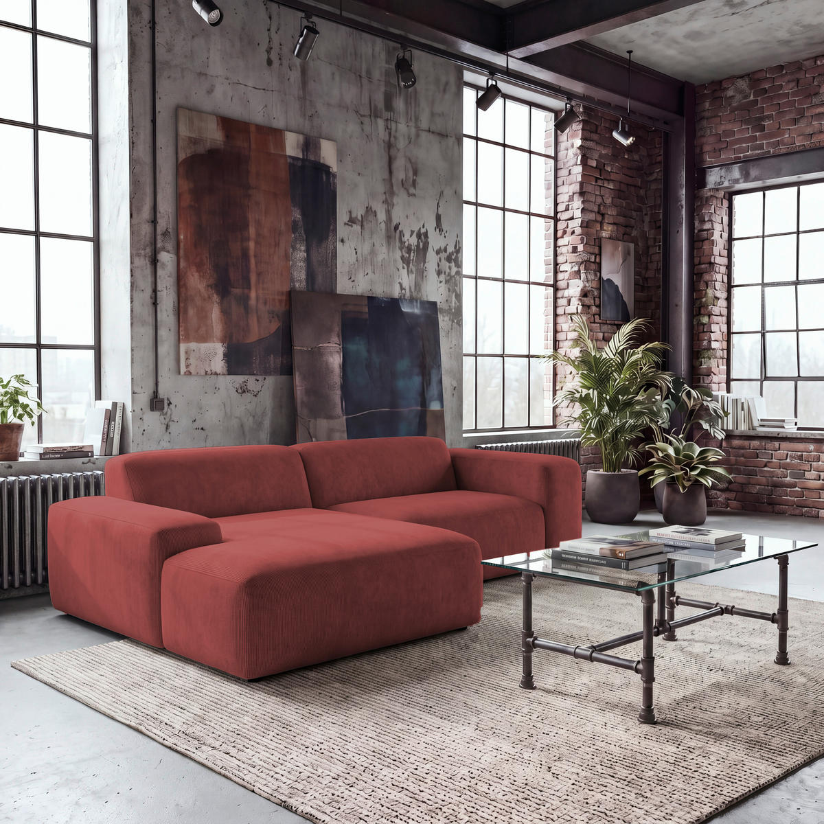 ECKSOFA HANNAH Rot Cord  - Rot/Schwarz, Design, Kunststoff/Textil (170/252cm) - MID.YOU