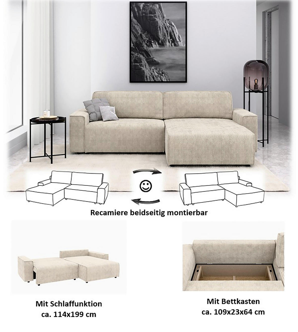 ECKSOFA in Cord Creme  - Creme/Schwarz, Modern, Kunststoff/Textil (265/164cm) - Trendmanufaktur