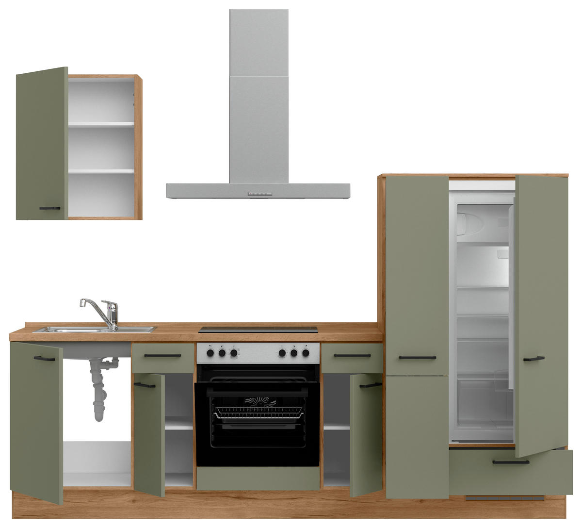 KÜCHENLEERBLOCK Senso 270 cm  in Eichefarben, Olivgrün  - Eichefarben/Schwarz, MODERN, Holzwerkstoff/Metall (270cm) - Nobilia