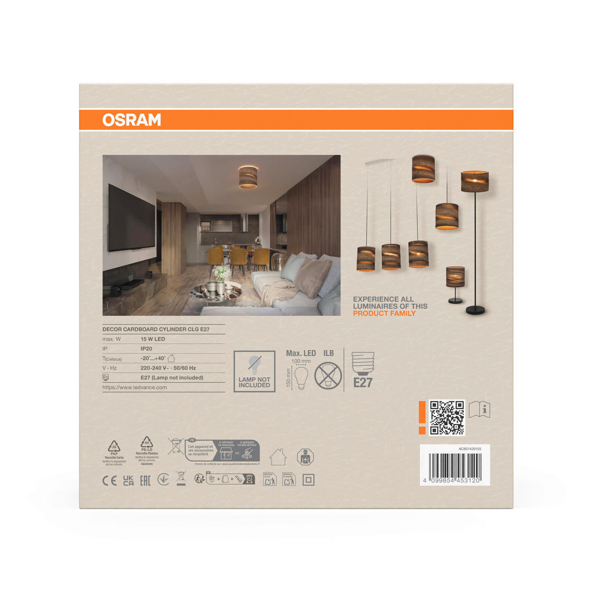 DECKENLEUCHTE  25/26 cm    - Braun, Natur, Karton/Metall (25/26cm) - Osram