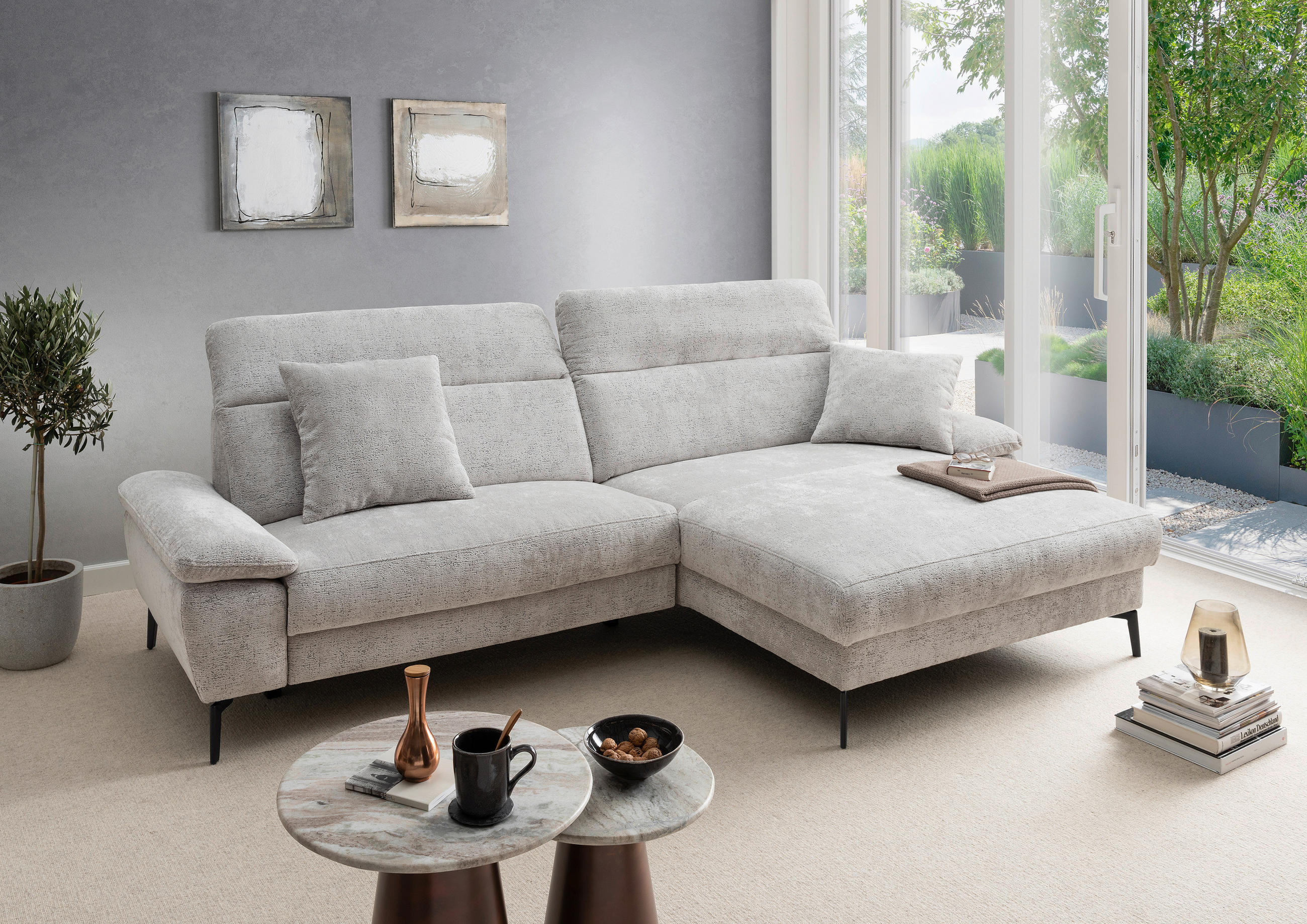ECKSOFA Chenille Silberfarben  - Silberfarben/Schwarz, Konventionell, Textil/Metall (300/178cm) - Livetastic