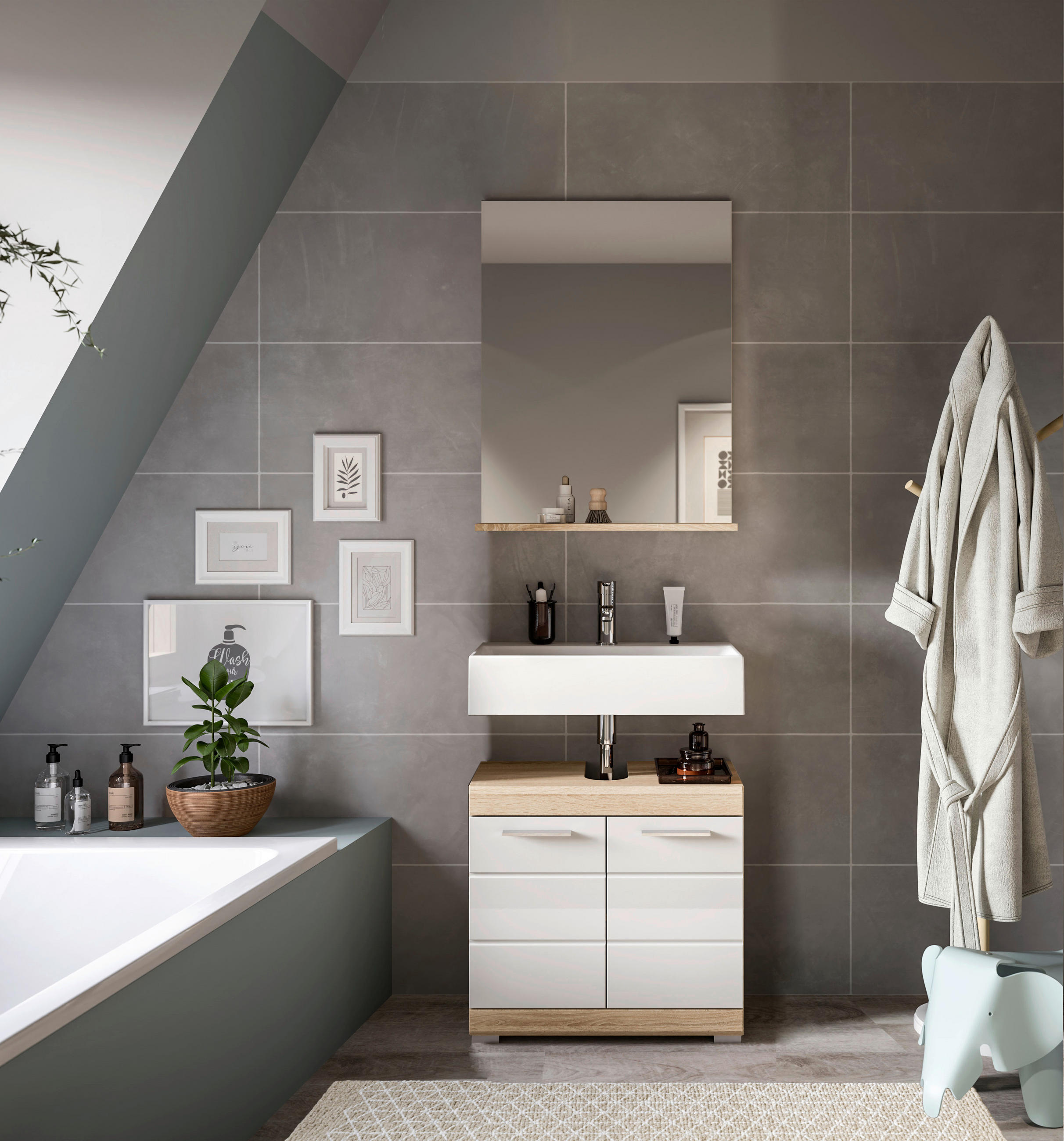 BADEZIMMER 2-teilig  in 60 cm  - Weiß Hochglanz/Silberfarben, MODERN, Glas/Holzwerkstoff (60cm) - MID.YOU