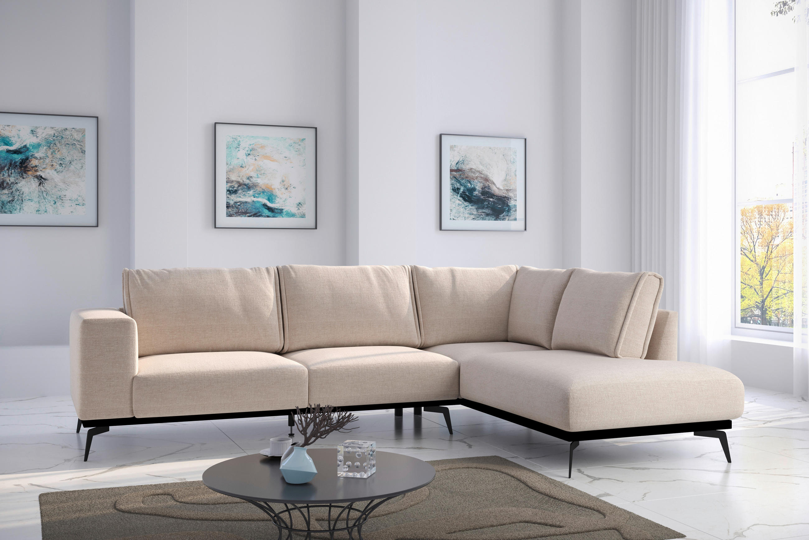 ECKSOFA in beflockt Creme  - Creme/Schwarz, Design, Holz/Textil (293/200cm) - MID.YOU