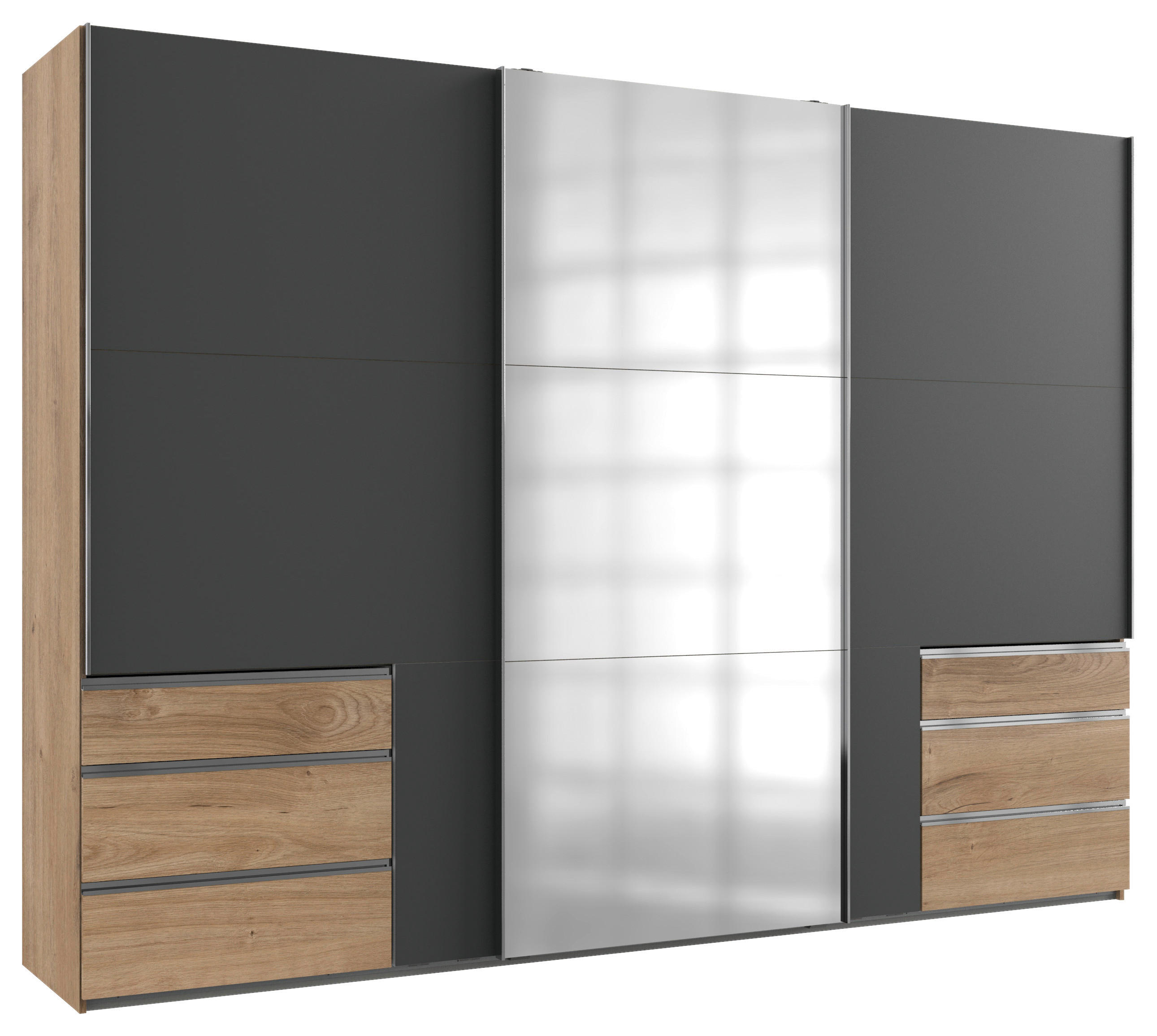 SCHWEBETÜRENSCHRANK 300/216/65 cm,  in Graphitfarben, Eichefarben, 3 Tür(en)  - Chromfarben/Eichefarben, MODERN, Glas/Holzwerkstoff (300/216/65cm) - MID.YOU