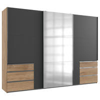 SCHWEBETÜRENSCHRANK 300/216/65 cm,  in Graphitfarben, Eichefarben, 3 Tür(en)  - Chromfarben/Eichefarben, MODERN, Glas/Holzwerkstoff (300/216/65cm) - MID.YOU