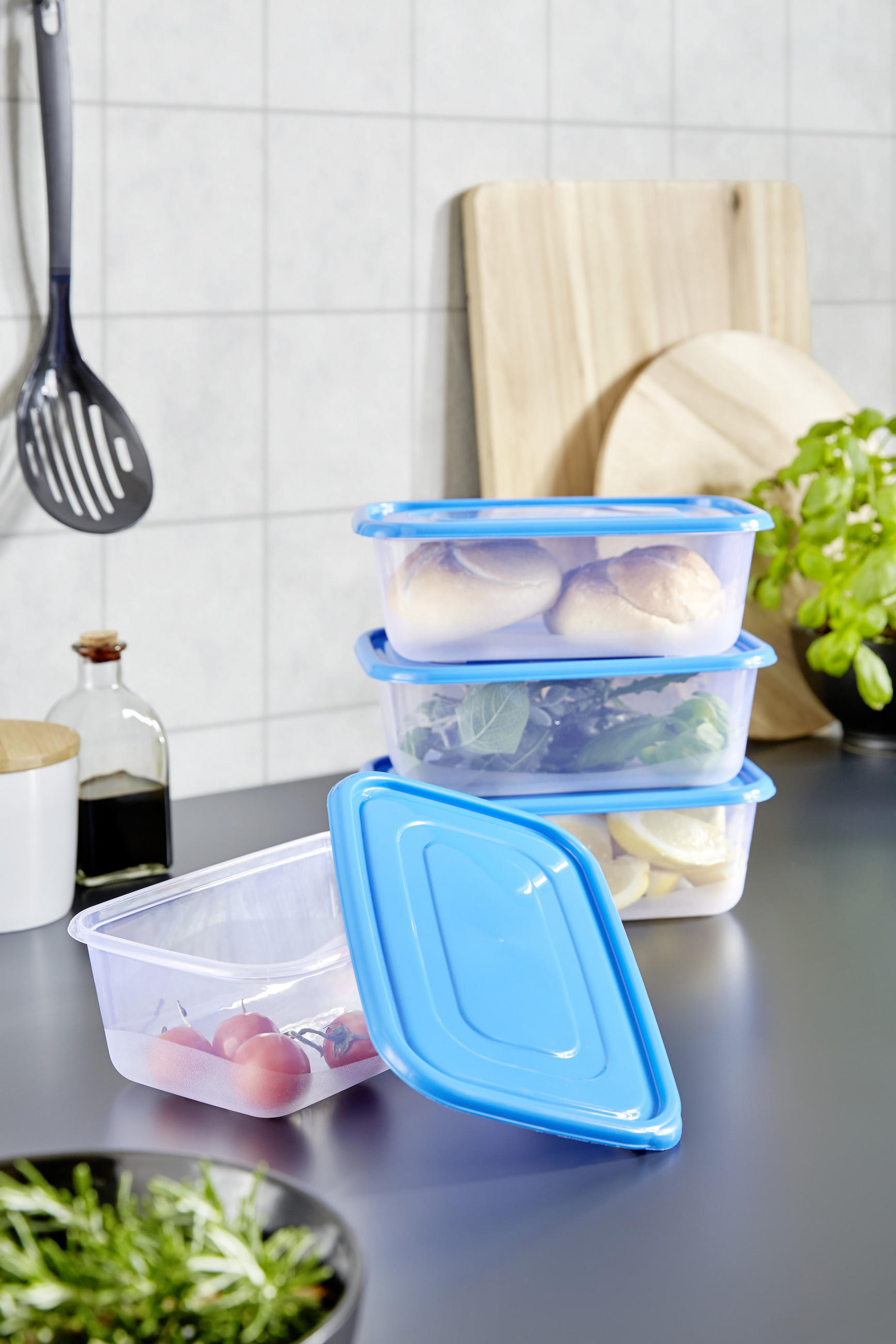 SADA NÁDOB NA POTRAVINY 4 ks - priehľadné/modrá, Konventionell, plast - Boxxx