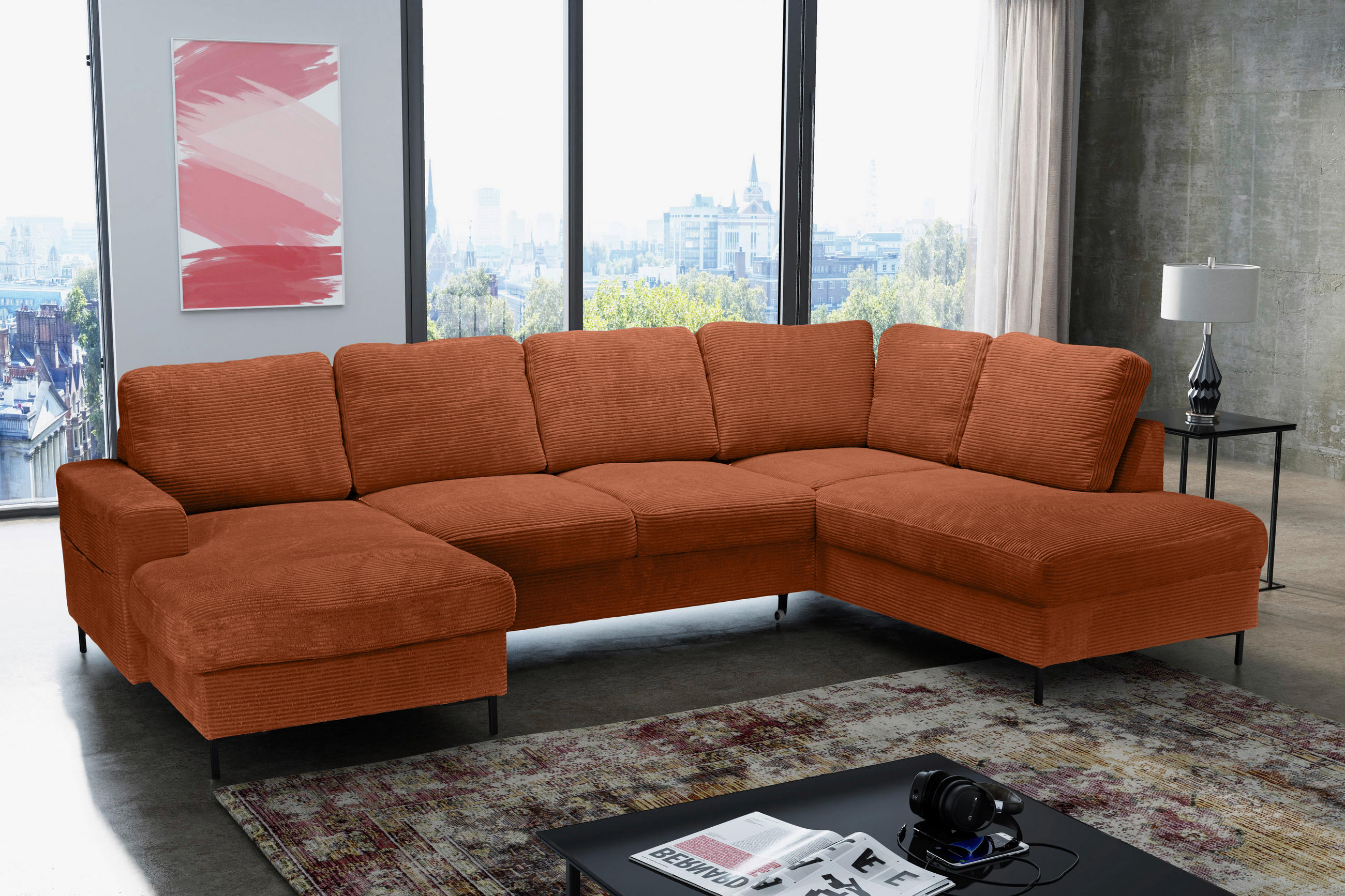 WOHNLANDSCHAFT Rostfarben Cord  - Rostfarben/Schwarz, KONVENTIONELL, Textil/Metall (148/303/197cm) - Carryhome