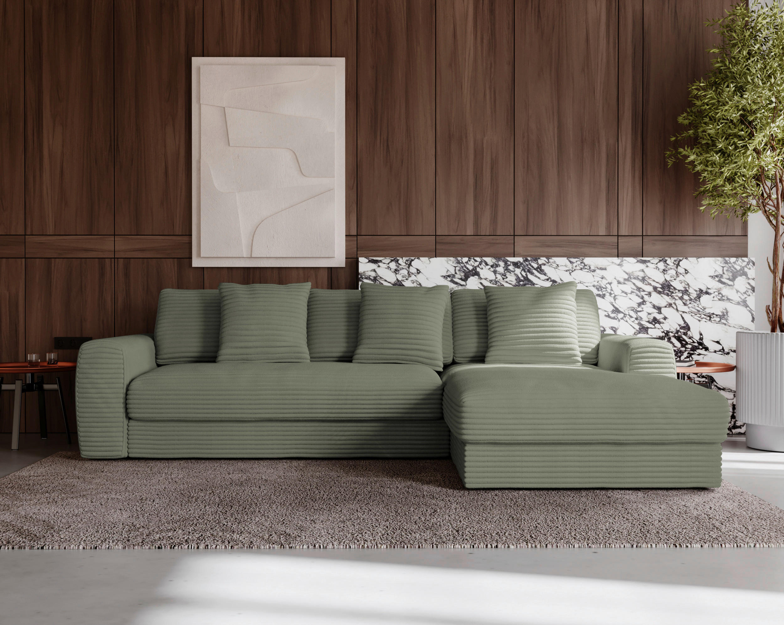 ECKSOFA in Cord Olivgrün  - Schwarz/Olivgrün, Modern, Kunststoff/Textil (302/182cm) - Carryhome