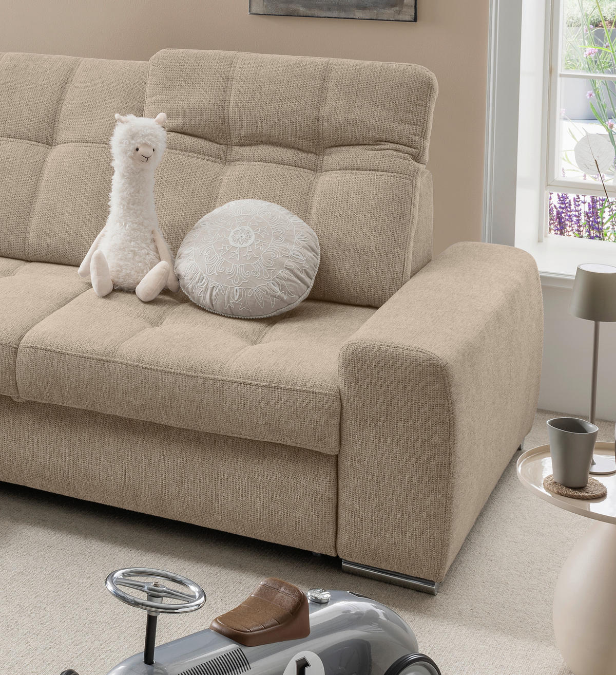 ECKSOFA FRIDO Hellbraun Chenille Rücken echt, Kopfteilverstellung, Sitztiefenverstellung  - Chromfarben/Hellbraun, KONVENTIONELL, Textil/Metall (186/283cm) - Livetastic