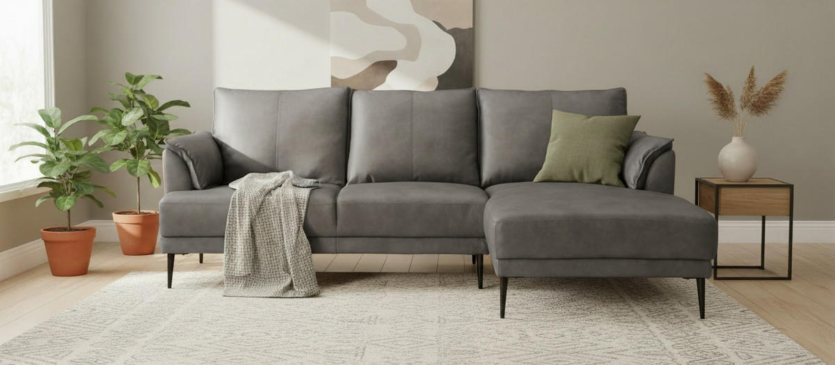 ECKSOFA Echtleder Grau  - Schwarz/Grau, Design, Leder/Textil (233/153cm) - Livetastic