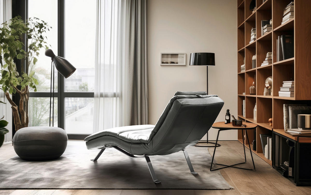 RELAXLIEGE in Echtleder Anthrazit  - Anthrazit/Silberfarben, Design, Leder/Metall (65/95/171cm) - Celina Home
