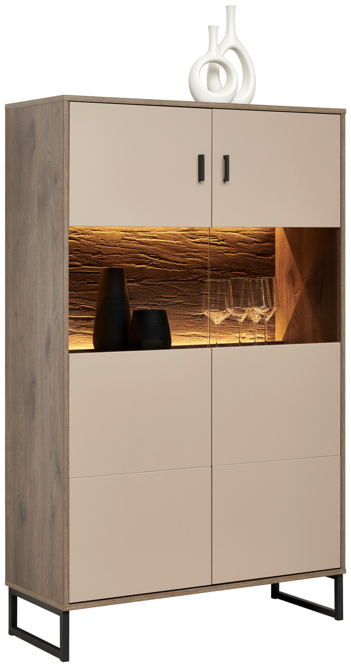 FÉLMAGAS SZEKRÉNY 94/152/37 cm  - világosszürke/tölgyfa, Modern, faalapú anyag/Üveg (94/152/37cm) - Carryhome
