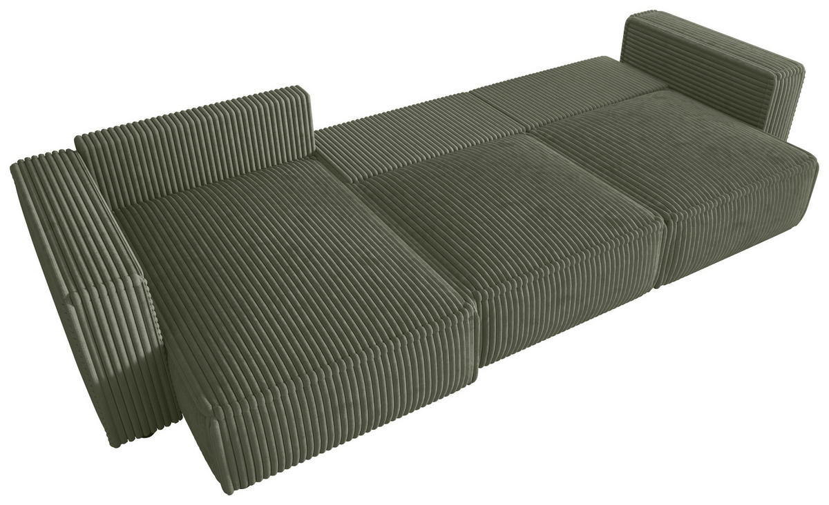 ECKSOFA Olivgrün Cord Zierkissen, Rückenkissen, Schlaffunktion, Rücken echt  - Schwarz/Olivgrün, MODERN, Kunststoff/Textil (350/168cm) - Xora