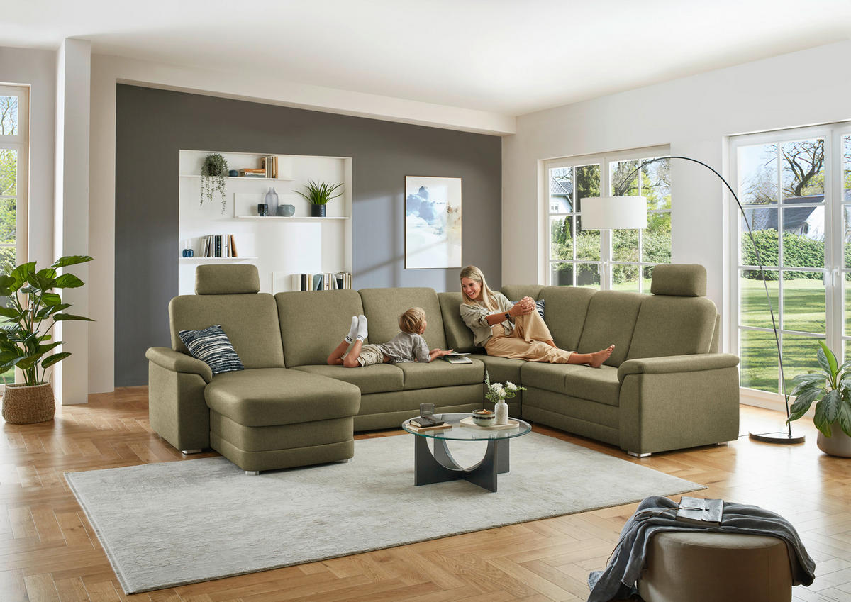 WOHNLANDSCHAFT  in Chenille Schilfgrün  - Schilfgrün/Alufarben, KONVENTIONELL, Holz/Textil (160/329/235cm) - Beldomo Comfort