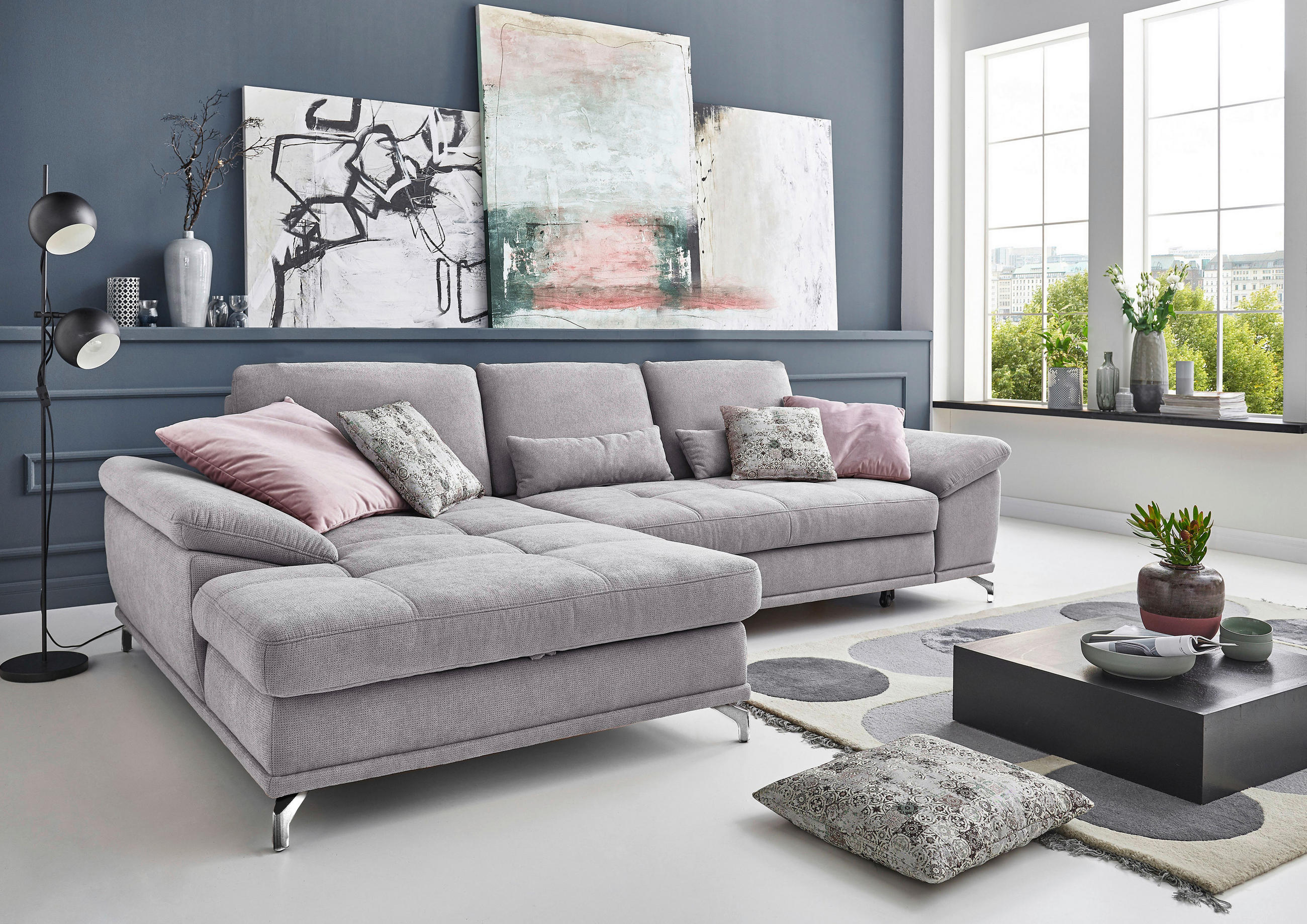 ECKSOFA in Flachgewebe Silberfarben  - Silberfarben, Konventionell, Textil/Metall (176/301cm) - Sit & More