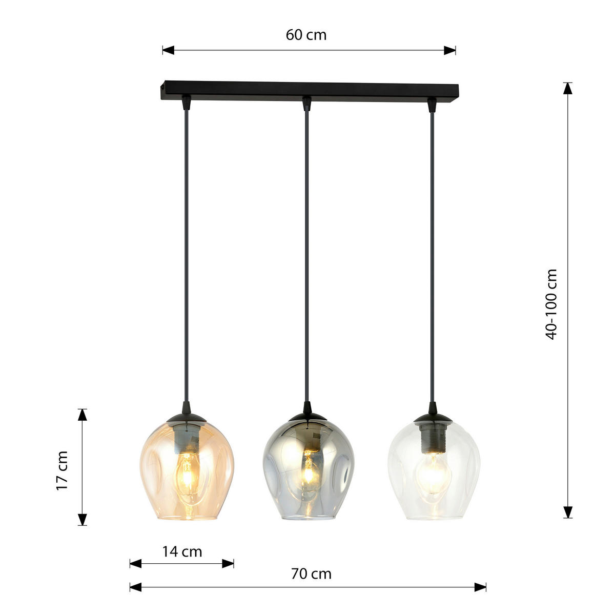 HÄNGELEUCHTE  70/14/100 cm    - Schwarz, KONVENTIONELL, Glas/Metall (70/14/100cm)