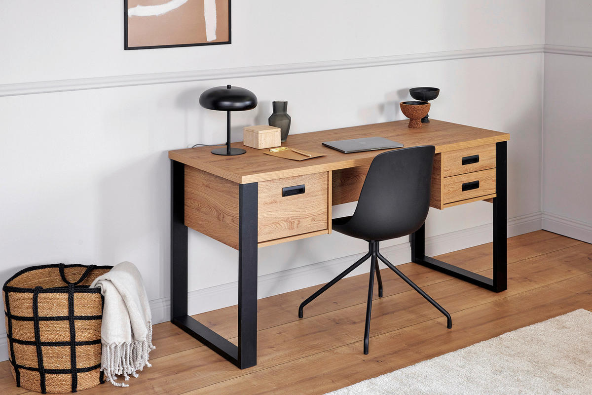 SCHREIBTISCH 150/59/76 cm  in Schwarz, Eichefarben  - Eichefarben/Schwarz, MODERN, Holzwerkstoff/Metall (150/59/76cm) - Livetastic