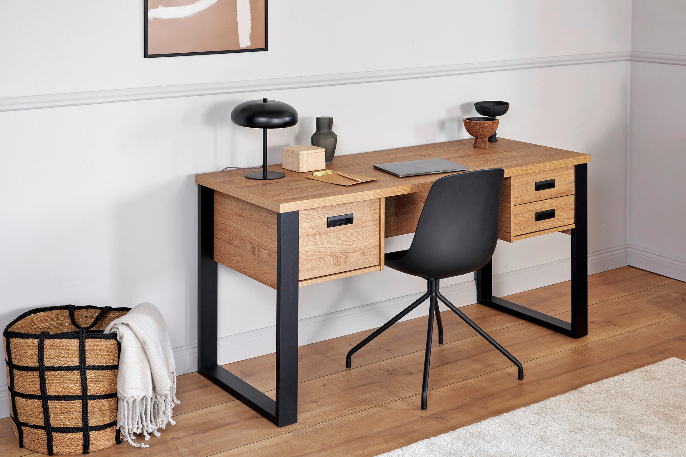 Thumbnail - Livetastic Schreibtisch Riva, Schwarz, Eiche, Metall, 2 Schubladen, rechteckig, U-Form, 59x76x150 cm, Stauraum, in versc...