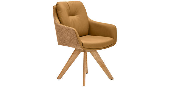 ARMLEHNSTUHL in Webstoff Kombination Echtleder/Stoff pigmentiert - Wildeiche/Currygelb, Design, Leder/Holz (62/90/65cm) - Waldwelt