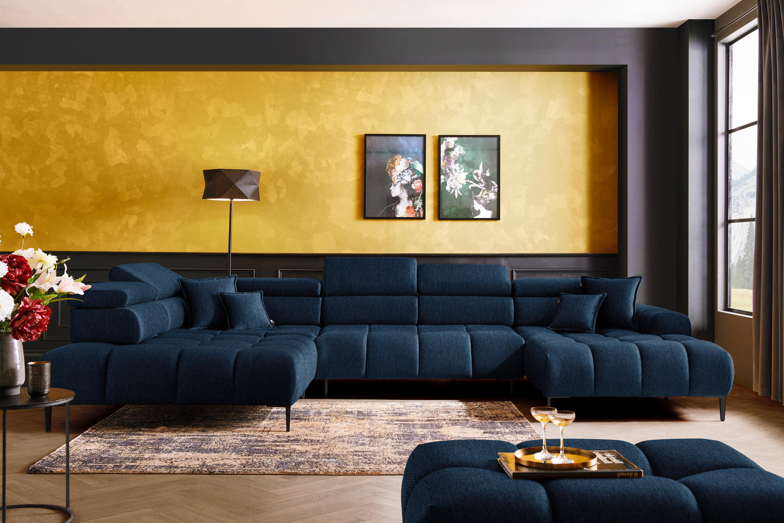 WOHNLANDSCHAFT Dunkelblau Webstoff  - Schwarz/Dunkelblau, Design, Textil/Metall (216/385/177cm) - Welnova
