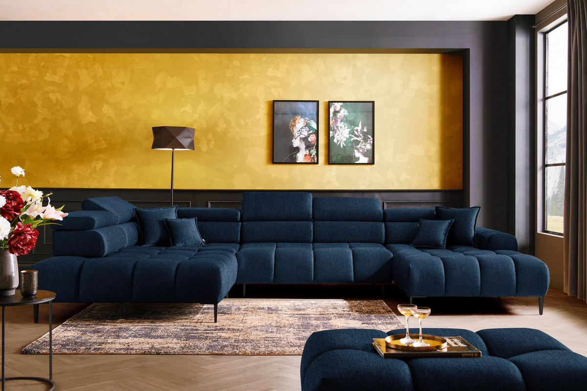 WOHNLANDSCHAFT in Webstoff Dunkelblau  - Schwarz/Dunkelblau, Design, Textil/Metall (216/385/177cm) - Welnova