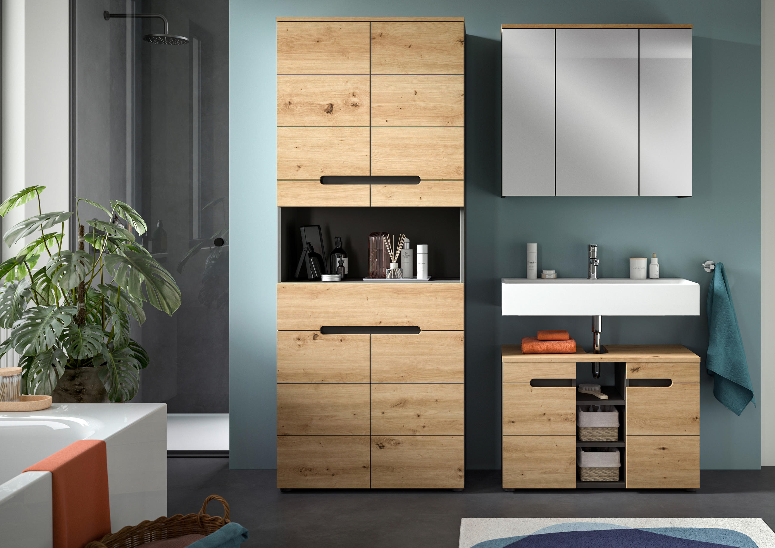 BADEZIMMER 3-teilig  in 156 cm  - Schwarz/Eiche Artisan, MODERN, Glas/Holzwerkstoff (156cm) - MID.YOU