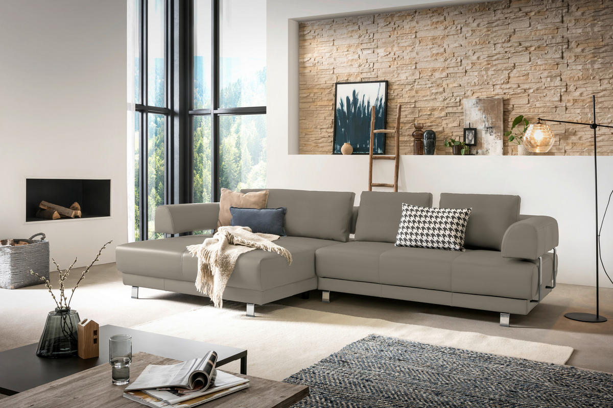 ECKSOFA in Echtleder Hellbraun  - Hellbraun, Design, Leder/Metall (188/307cm)