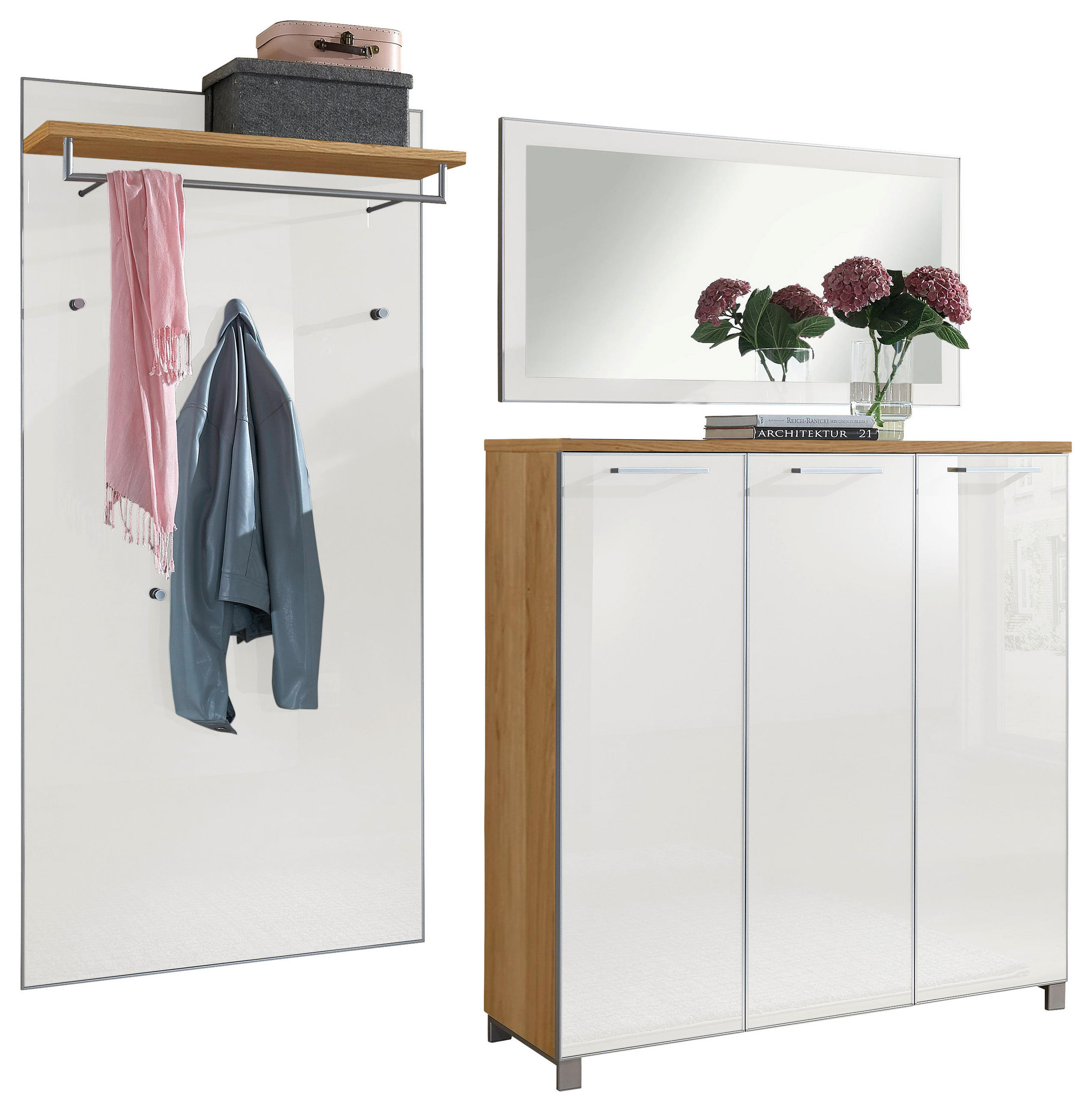 GARDEROBE Weiß, Eichefarben - Eichefarben/Weiß, Design, Glas/Holz (215/195/37cm)