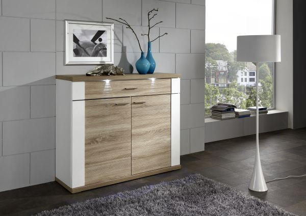 KOMMODE Weiß, Eichefarben - Chromfarben/Eichefarben, Design, Holzwerkstoff/Kunststoff (129/107/42cm) - Xora