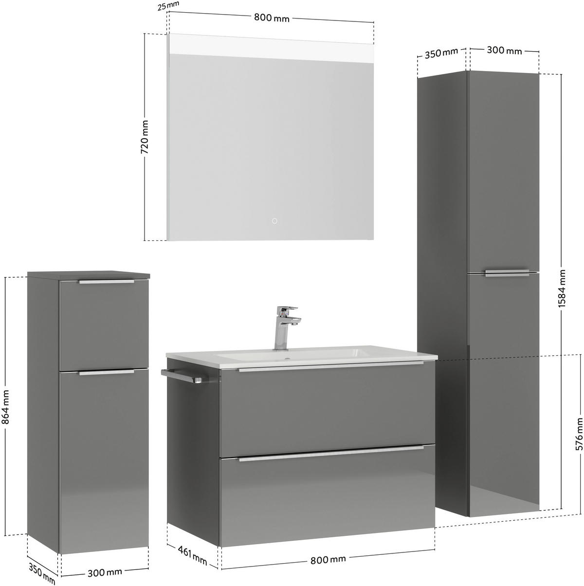 BADEZIMMER 5-teilig  in 141 cm  - Schieferfarben/Edelstahlfarben, MODERN, Holzwerkstoff/Stein (141cm) - Nobilia