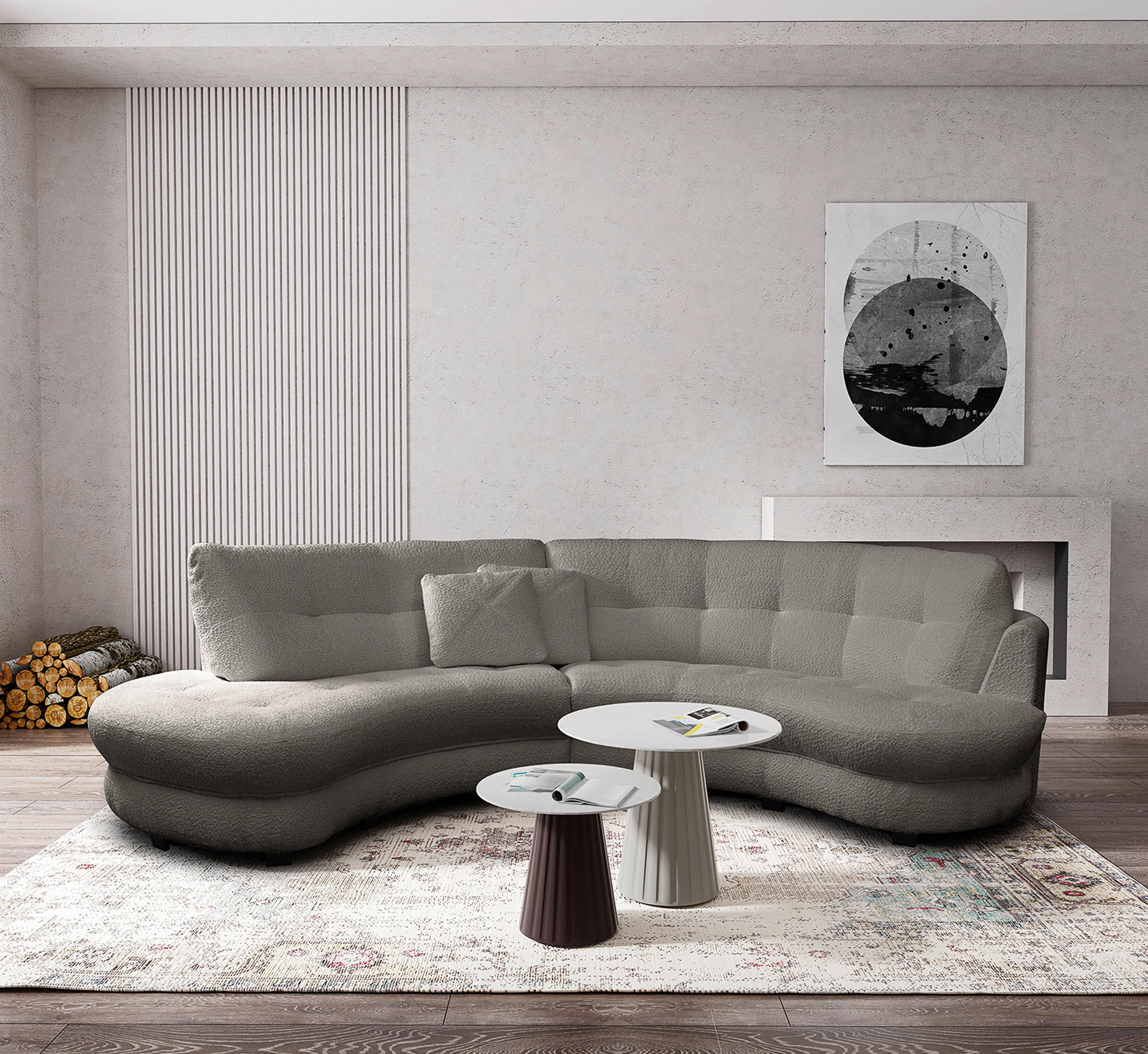 ECKSOFA Rundform  Dunkelgrau Bouclé  - Dunkelgrau/Schwarz, Design, Kunststoff/Textil (113/300cm) - Livetastic